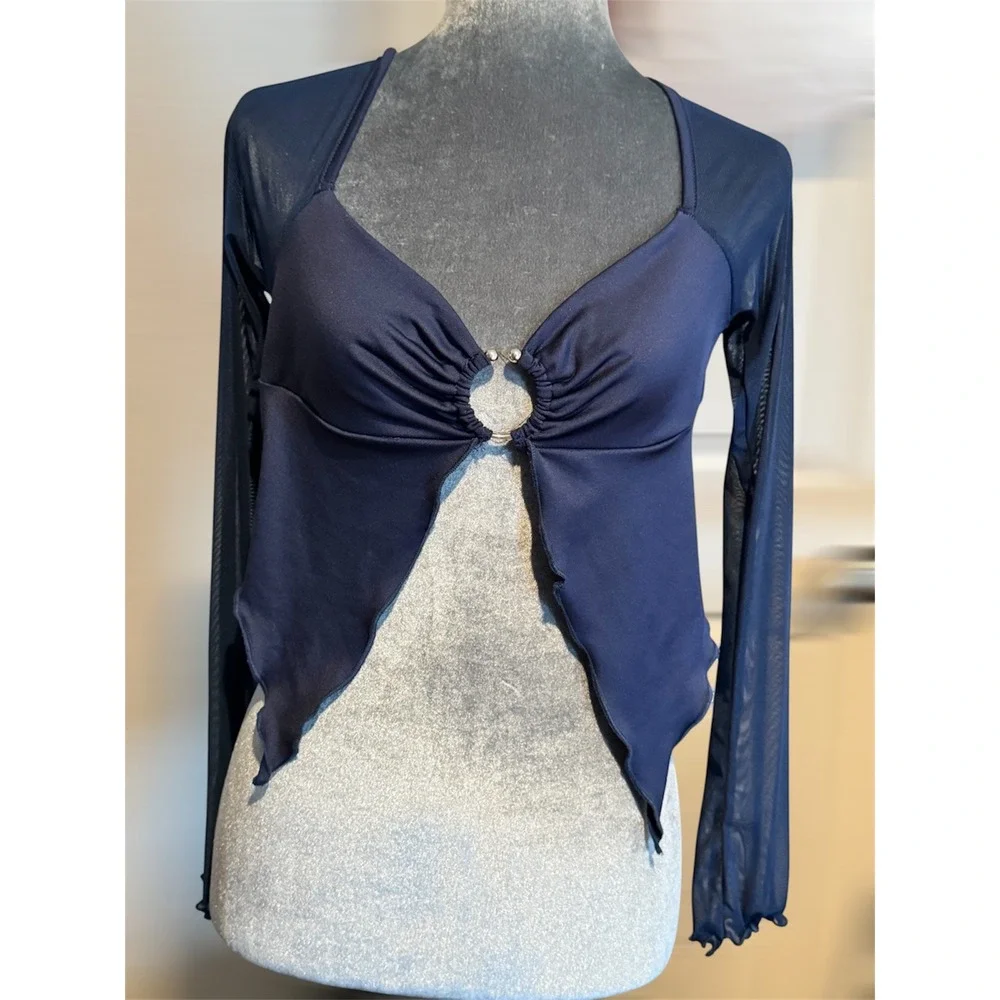 Y2K Navy Blue Mesh Sleeves Split Front O-Ring Crop Top Medium - Picture 1 of 6